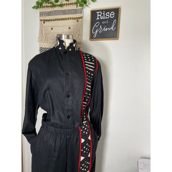 Unisex Vintage Linen Cotton Black & Red Tribal Ethnic Shirt & Pant Set Suit M - Picture 13 of 16